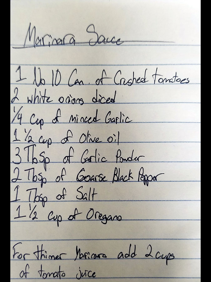 Handwritten recipe on Marinara Sauce