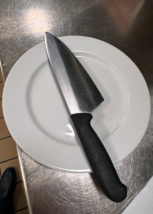 Stainless steel chef’s knife with a black handle resting diagonally on a white plate, placed on a metal kitchen prep table surface.