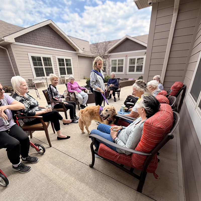 A large group of residents, along with furry canine companion, enjoy relaxation and lively conversation in an outdoor seating area at The Madison.